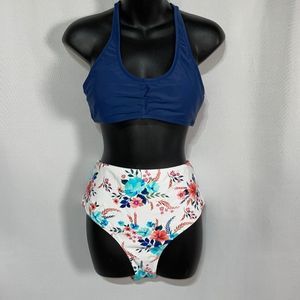 Cupshe Blue Floral 2-Piece Swimsuit Bikini High Waist Bottoms NEW Size L…